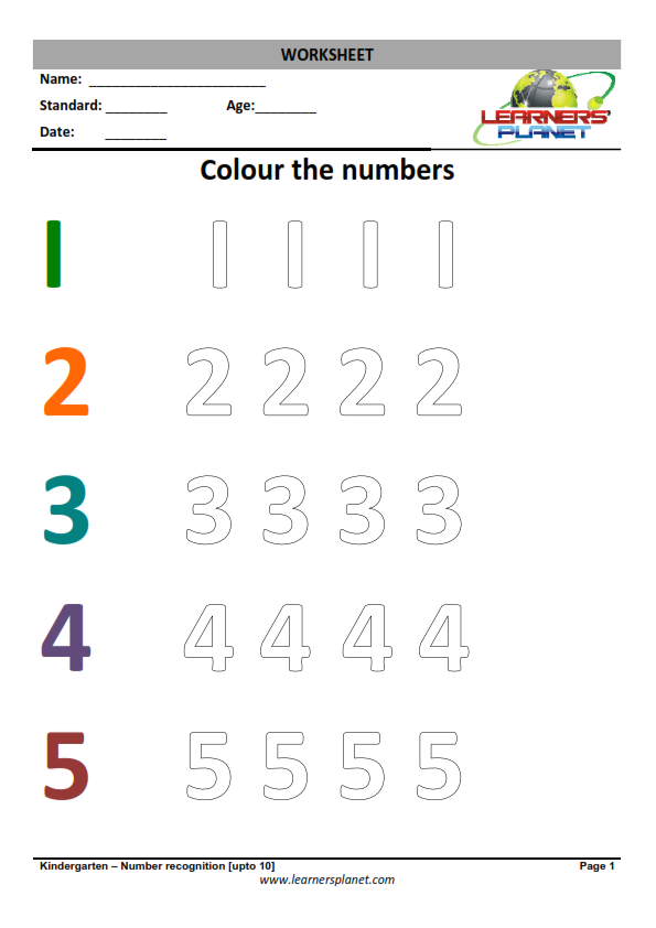 Counting and Number Recognition Worksheets-Colour the numbers